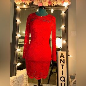 Iz Byer Vibrant Red Lace Long Sleeve Dress